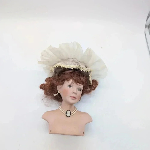 Victorian Porcelain Doll Head Redhead Ruffled Feathered hat Cameo and Earrings - Picture 7 of 7